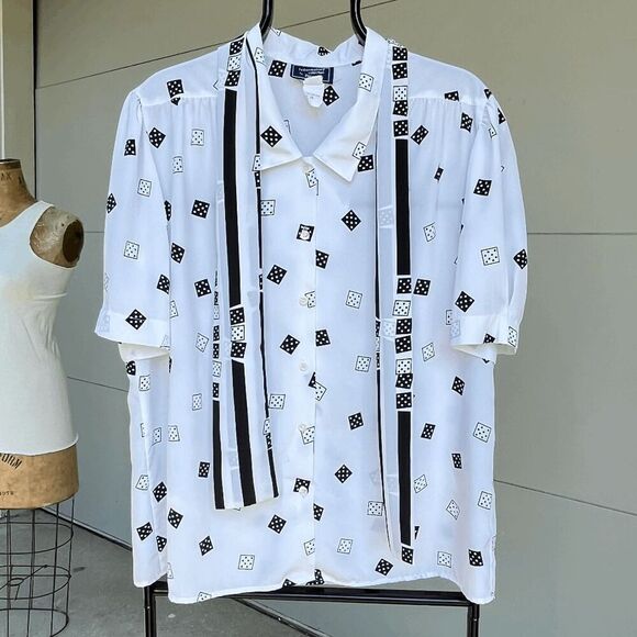 Vintage Haberdashery Dice Print Button-Up Blouse with Matching Scarf - Size L/XL - Picture 1 of 7